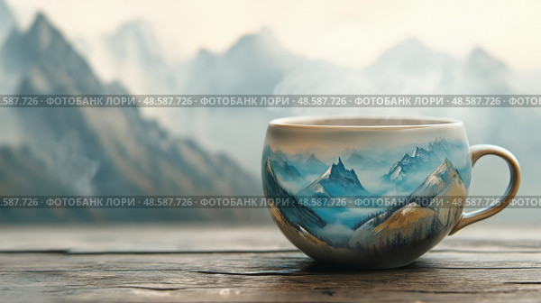 Steam rises from a coffee cup forming a detailed mountain landscape at sunrise. Пар поднимается от кофейной чашки, образуя детализированный горный пейзаж на восходе солнца. Стоковое AI-изображение, AI-художник Katsiaryna Repich / Фотобанк Лори