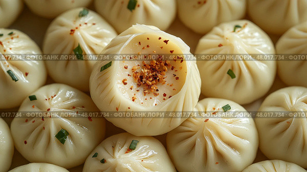 Steamed dumplings stuffed with minced meat and cheese, close up. Пельмени на пару с начинкой из мясного фарша и сыра, крупным планом. Стоковое AI-изображение, AI-художник Katsiaryna Repich / Фотобанк Лори