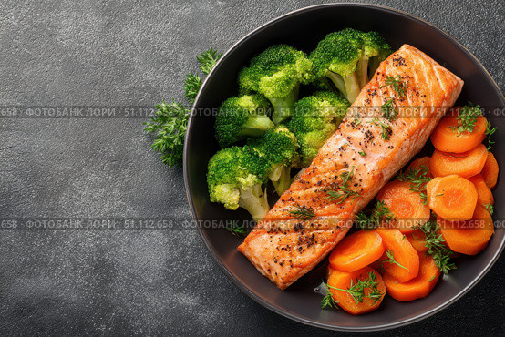 Steamed fish with with broccoli, carrot hot black pan. Baked salmon gray background. Paleo, keto, lshf, or dash diet. Fish and vegetables. Oven dish, gluten free, clean eating, balanced healthy food. Стоковое AI-изображение, AI-художник Марина Демидюк / Фотобанк Лори