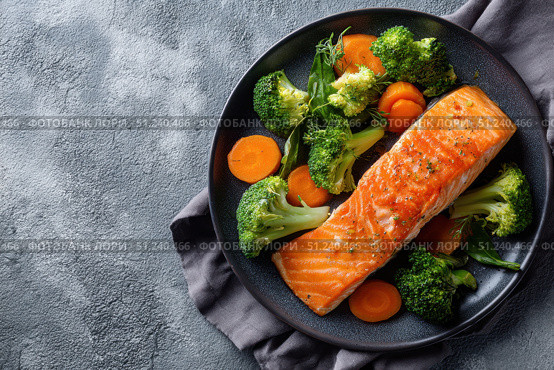 Steamed fish with with broccoli, carrot hot black pan. Baked salmon gray background. Paleo, keto, lshf, or dash diet. Fish and vegetables. Oven dish, gluten free, clean eating, balanced healthy food. Стоковое AI-изображение, AI-художник Марина Демидюк / Фотобанк Лори