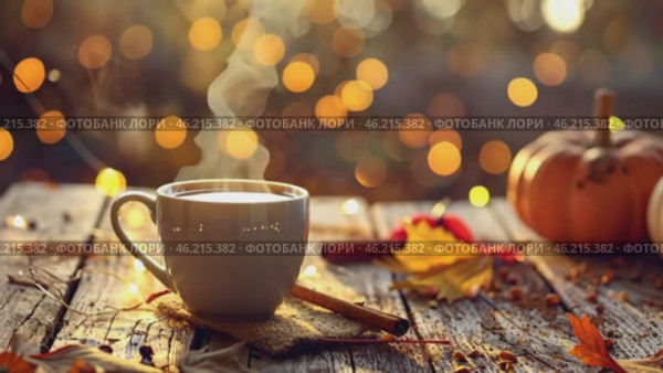 Steaming coffee cup on a autumn day blur bokeh background. Yellow leaves, red mug with warm smoke on an old wood table desk. Cozy fall season mood concept. Autumnal tea party atmosphere. Hot drink. Стоковое AI-видео, аниматор Марина Демидюк / Фотобанк Лори