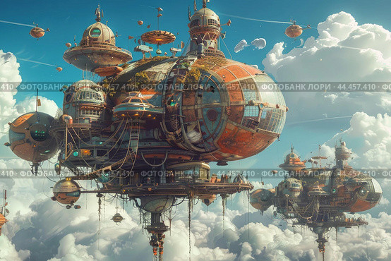 Steampunk city floating among clouds. Стоковое AI-изображение, AI-художник Иван Рябоконь / Фотобанк Лори