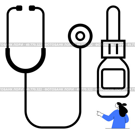 Stethoscope and dropper bottle next to a person pointing. Ideal for medical themes, healthcare promotion, wellness, hospital equipment, and patient care. Simple and modern style. Medical Tools with Stethoscope and Dropper and Pointing Person Emphasizing Healthcare. Стоковая иллюстрация, агентство Ingram Publishing / Фотобанк Лори