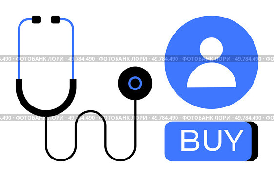 Stethoscope next to user icon and buy button symbolizes online healthcare access and telemedicine services. Ideal for healthcare, telemedicine, insurance, e-commerce, medical apps, virtual. Health service availability concept with stethoscope and buy button symbolizing telemedicine programs. Стоковая иллюстрация, агентство Ingram Publishing / Фотобанк Лори