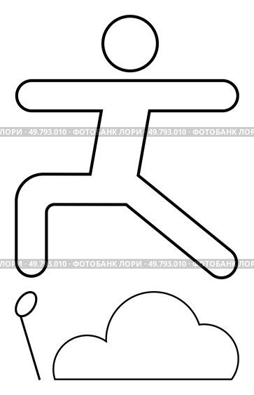 Stick figure character jumping over a hurdle, showcasing movement and determination. Ideal for motivation, personal growth, perseverance, overcoming obstacles, sports, athletics, success concepts. Stick figure character jumping over hurdle in simple line art style, representing overcoming challenges. Стоковая иллюстрация, агентство Ingram Publishing / Фотобанк Лори