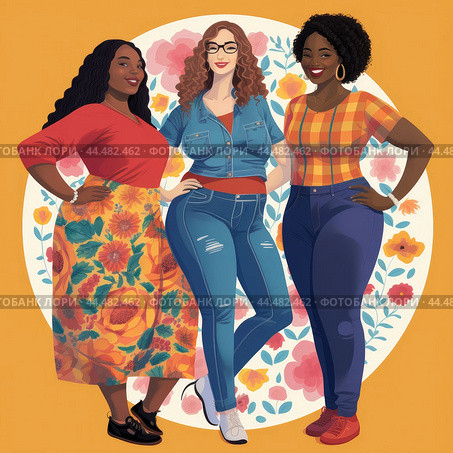 Sticker of a Body positive: beyond stereotypes, women who love themselves as they are. Стоковое AI-изображение, AI-художник Veniamin Kraskov / Фотобанк Лори