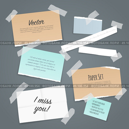 Sticky Tape Paper Set. Paper set of different scraps of paper stuck by sticky tape on pale blue background vector illustration. Стоковая иллюстрация, агентство Ingram Publishing / Фотобанк Лори