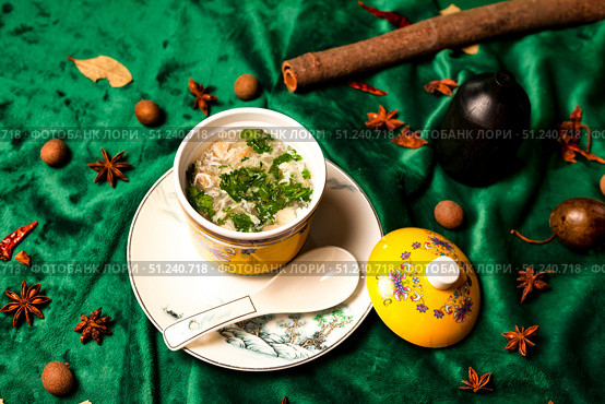 Still Life Showcasing Luxurious Chinese Avian Egg Drop Soup Aesthetic. Стоковое фото, фотограф Aleksandr Golubev / Фотобанк Лори