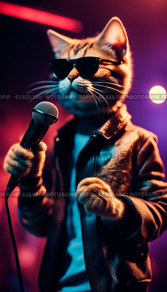 Стильный кот. поет в ночном клубе. Rap Cat in Nightclub. AI Generated. Стоковое AI-изображение, AI-художник Алексей Траст / Фотобанк Лори