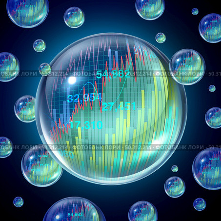 Stock market bubble concept and overvalued economy as a financial crisis as  inflated equity prices finance risk to investors and speculative valuation with 3D render elements. Стоковое фото, агентство Ingram Publishing / Фотобанк Лори