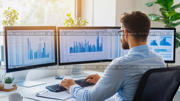 Stock market trader analyzing graphs and reports on computer screens in office. Стоковое AI-изображение, AI-художник Юрий Поздников / Фотобанк Лори