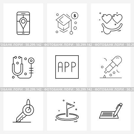 Stock Vector Icon Set of 9 Line Symbols for app, emergencies, love, stethoscope, emoji Vector Illustration. Стоковая иллюстрация, агентство Ingram Publishing / Фотобанк Лори