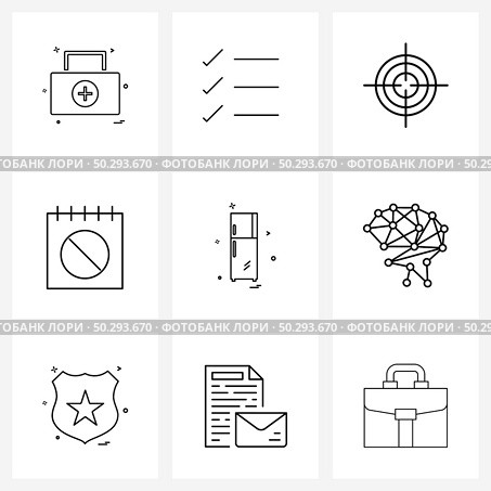 Stock Vector Icon Set of 9 Line Symbols for circuit, fridge, aim, disable, date Vector Illustration. Стоковая иллюстрация, агентство Ingram Publishing / Фотобанк Лори