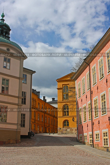Stockholm. Sweden. Улица Сторкиркобринкен, Стокгольм. Цветные фасады старого города. Фотография сделана в самом центре Гамла Стан — Старого города Стокгольма. В кадре виден пересечение улицы, выходящей на площадь Биргер Ярлс Торг. Справа — высокий фасад здания Архива ( Гамла Риксаркивет), слева — угловая часть дворца Врангельского дворца ( Врангелевский дворец), а на заднем плане — ярко- охристое здание, стоящее у начала улицы Schering Rosenhanes gränd. Мощёная булыжная мостовая, симметрия фасадов, окон и фонарей создают гармоничную и живописную городскую сцену. Стоковое фото, фотограф Анна Чижова / Фотобанк Лори