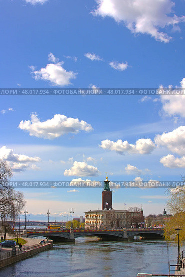 Стокгольмская ратуша (Stadshuset), вид с набережной вдоль Норрстрема, через мост Васаброн. Башня с коронами зданий возвышается на фоне озера Меларен и голубого неба с пушистыми облаками. Это один из самых знаковых видов столицы Швеции. Редакционное фото, фотограф Анна Чижова / Фотобанк Лори