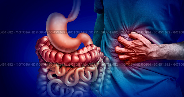 Stomach Pains or stomachache with a painful digestive system ache as an abdominal illness or IBS and Ulcers representing intestinal inflammation or bloating with 3D illustration elements. Стоковое фото, агентство Ingram Publishing / Фотобанк Лори