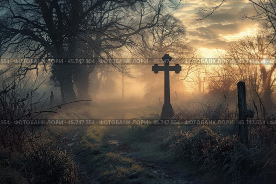Stone cross standing in misty graveyard at sunrise. Стоковое AI-изображение, AI-художник Иван Рябоконь / Фотобанк Лори