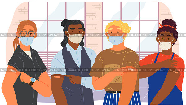 Stop coronavirus agitation concept. Vaccination promo, immunization of workers. Vaccine saves lives. People wearing protective mask showing their arm with bandage after receiving covid-19 vaccine. Stop coronavirus agitation concept. Vaccination promo, immunization of workers. Vaccine saves lives. Стоковая иллюстрация, агентство Ingram Publishing / Фотобанк Лори