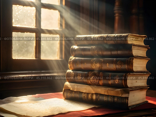 Стопка старинных книг, расположенные на столе перед окном. Стоковое AI-изображение, AI-художник Ирина Першина / Фотобанк Лори