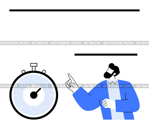 Stopwatch man pointing upwards black and blue colors. Ideal for time management, business, deadlines, productivity, efficiency, punctuality, goals. Line metaphor. Business Professional Pointing at Stopwatch Representing Time Management and Efficiency. Стоковая иллюстрация, агентство Ingram Publishing / Фотобанк Лори