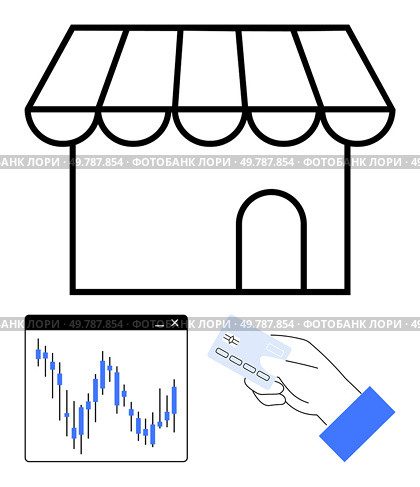 Storefront represents ecommerce. Hand holds credit card near stock market graph window. Ideal for ecommerce, digital payment, online shopping, stock market, financial transactions, business. Online Retail Concept with Storefront, Digital Hand Holding Card, and Stock Market Graph. Стоковая иллюстрация, агентство Ingram Publishing / Фотобанк Лори