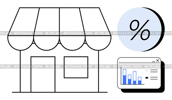Storefront with awning, percentage symbol on blue circle, and data chart with blue bars on screen. Ideal for business analytics, retail, sales strategy, economics, small businesses, financial. Storefront with Awning and Graphical Elements Including Percentage Symbol and Data Chart. Стоковая иллюстрация, агентство Ingram Publishing / Фотобанк Лори