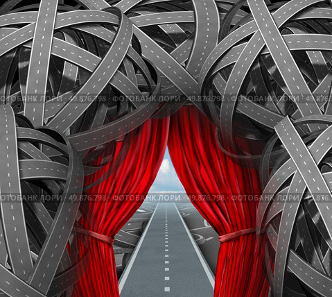 Strategic opportunity cutting through the confusion with clear strategy and solutions for business leadership with a straight path to success with open red curtains leading through a maze of tangled roads and highways. Стоковое фото, агентство Ingram Publishing / Фотобанк Лори