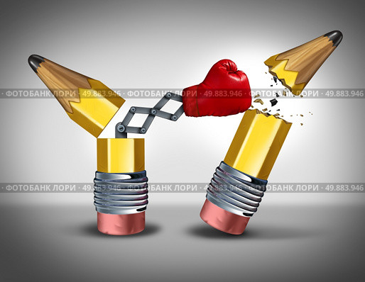Strategic planning business concept as an open pencil with a boxing glove breaking out destroying the competition as a metaphor for a ruthless war of ideas and intelligent innovative thinking with no pity for the enemy. Стоковое фото, агентство Ingram Publishing / Фотобанк Лори