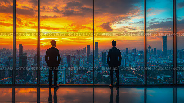 Strategic Vision: Businessmen Contemplating Cityscape at Dawn - Success, Opportunity, Leadership, Corporate, Strategy, Future, Aspirations, ambition. Стоковое AI-изображение, AI-художник Данила Большаков / Фотобанк Лори