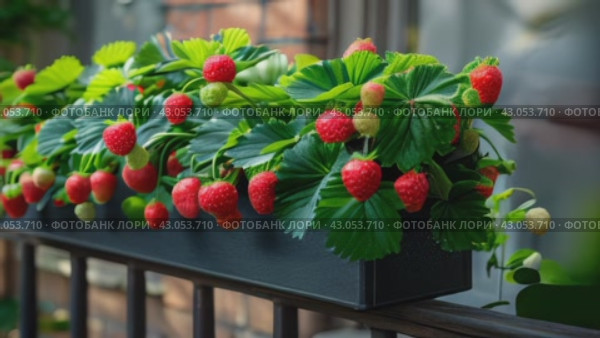 Strawberry plants with lots of ripe red strawberries in a balcony railing planter, apartment or urban gardening concept. Стоковое AI-видео, аниматор Ирина Михайличенко / Фотобанк Лори