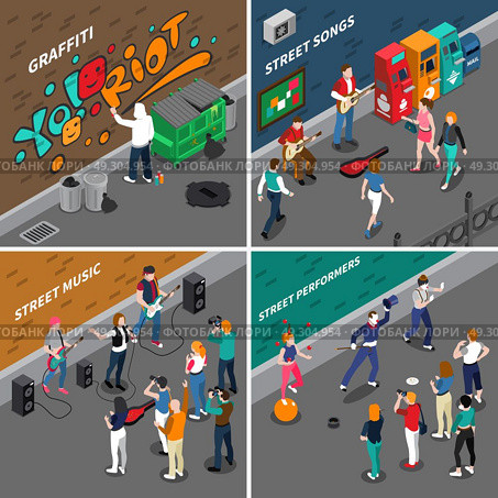 Street Artists Isometric Compositions. Street artists isometric compositions with musicians and singers, graffiti painters, pantomime actors and audience isolated vector illustration. Стоковая иллюстрация, агентство Ingram Publishing / Фотобанк Лори