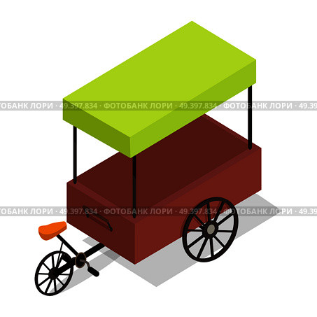 Street cart store isometric icon. Pedal-powered trolley with stall and colorful tent vector isolated on white. Movable shop on wheels illustration for mobile eatery, fast food cafe, souvenir shop ad. Стоковая иллюстрация, агентство Ingram Publishing / Фотобанк Лори