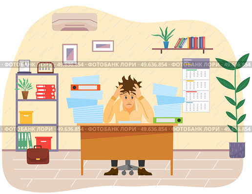 Stressed businessman in pile of office papers and documents trying to finish work on time. Stress and deadline at work. Male office employee is working with documents to deal with deadlines. Stressed businessman in office trying to finish work on time. Office employee working with documents. Стоковая иллюстрация, агентство Ingram Publishing / Фотобанк Лори