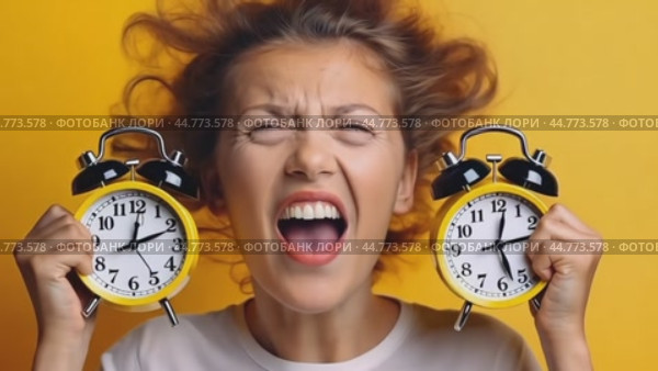 Stressed young woman screaming holding two alarm clocks on yellow background. Стоковое AI-видео, аниматор Юрий Поздников / Фотобанк Лори