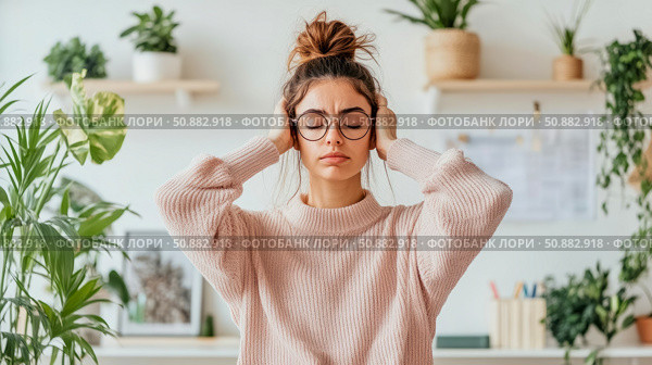 Stressful Day: Woman Closing Her Ears to Escape the Noise & Find Peace in Home, Seeking Serenity from Overwhelm, Indoor Portrait. Стоковое AI-изображение, AI-художник Данила Большаков / Фотобанк Лори