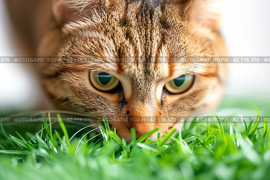 Striped cat eats green grass on white background, green succulent grass for cats, sprouted oats are good for cats. Стоковое AI-изображение, AI-художник Ирина Михайличенко / Фотобанк Лори