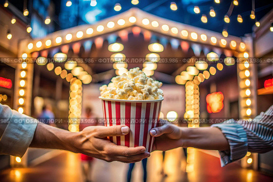 Striped red and white box with salted popcorn in his hand against the background of cinema lights. A popular snack in cinemas. Стоковое AI-изображение, AI-художник Photojuli / Фотобанк Лори