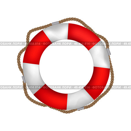Striped red and white lifebuoy with rope around. Equipment for safety in water. Standard inflatable ring, lifeguard tool isolated vector illustration.. Striped Red and White Lifebuoy with Rope Around. Стоковая иллюстрация, агентство Ingram Publishing / Фотобанк Лори