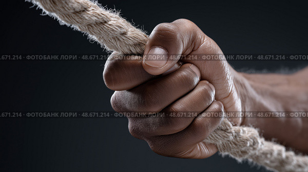 Strong hand gripping a thick rope in a dramatic black and white composition. Сильная рука держит толстый канат в драматической  композиции. Стоковое AI-изображение, AI-художник Katsiaryna Repich / Фотобанк Лори