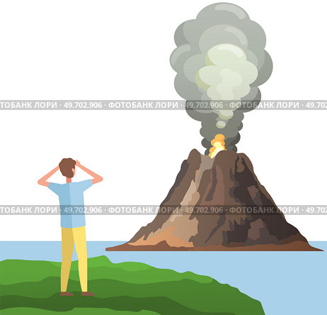 Strong jet of effluent hot lava, white clouds over top. Erupting rock pinnacle volcano disaster with burning fire. Guy watching volcanic eruption with magma. Shocked man looking at volcano with lava. Guy watching volcanic eruption with magma. Shocked man looking at rock pinnacle volcano with lava. Стоковая иллюстрация, агентство Ingram Publishing / Фотобанк Лори