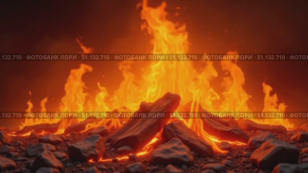 Струящаяся лава и пламя среди скал в вулканическом пейзаже / Flowing lava and flames with rocks in a volcanic landscape - Concept of fireplace. Стоковое AI-видео, аниматор DeFusum / Фотобанк Лори