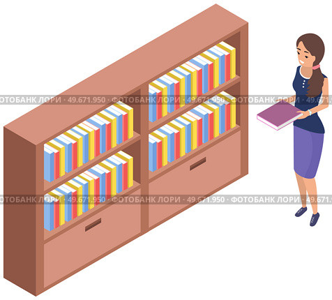 Student taking book at library vector icon bookcase. Female person study at school, college or university reading room. Girl at bookstore standing near bookshelf with stacks of books isolated on white. Student taking book at library icon bookcase. Woman at bookstore standing near bookshelf with books. Стоковая иллюстрация, агентство Ingram Publishing / Фотобанк Лори