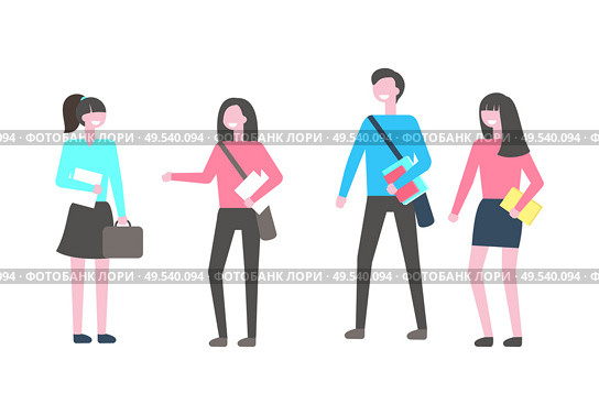 Students with books, vector isolated cartoon people. College learners, teenagers in casual cloth, textbooks in hands, male and female characters. Students with Books Vector Isolated Cartoon People. Стоковая иллюстрация, агентство Ingram Publishing / Фотобанк Лори