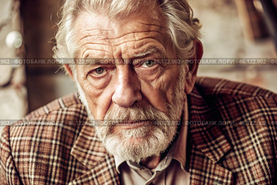 Studio portrait of a stylish, elegant elderly man, 70 years old, in a checkered jacket in brown tones. The concept of the elderly. Стоковое AI-изображение, AI-художник Photojuli / Фотобанк Лори