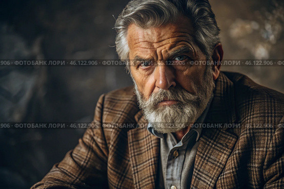 Studio portrait of a stylish, elegant elderly man, 70 years old, in a checkered jacket in brown tones. The concept of the elderly. Стоковое AI-изображение, AI-художник Photojuli / Фотобанк Лори