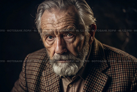 Studio portrait of a stylish, elegant elderly man, 70 years old, in a checkered jacket in brown tones. The concept of the elderly. Стоковое AI-изображение, AI-художник Photojuli / Фотобанк Лори