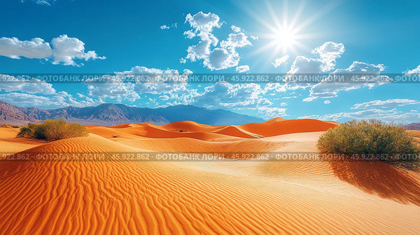 Stunning desert landscape with golden sand dunes under a bright blue sky. Стоковое AI-изображение, AI-художник Юлия Гапеенко / Фотобанк Лори
