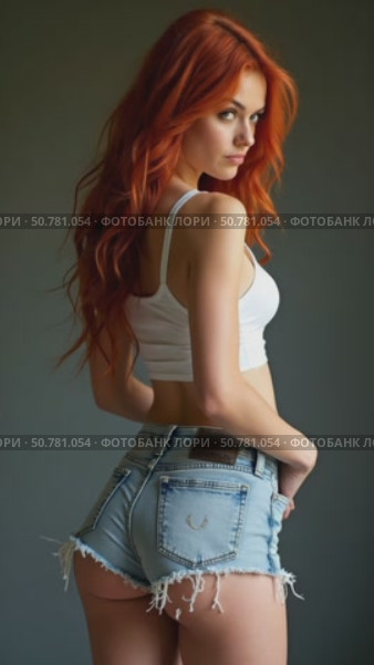 Stylish Model in Denim Shorts and Red Hair Exudes Confidence While Posing for the Camera, Embodying Fashion and Photography. Стоковое AI-видео, аниматор Sergey Grishin / Фотобанк Лори