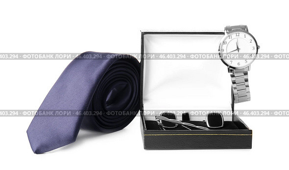 Stylish necktie, cufflinks and wristwatch on white background. Стоковое фото, фотограф Pixel_shot / Фотобанк Лори