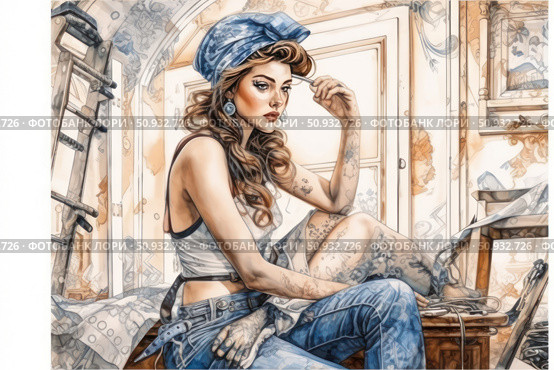 Stylized artistic illustration of a young woman in jeans and a top, sitting in an interior during renovation or finishing. On her head is a headscarf, creating associations with the image of a girl-craftsman or retro style. The ladder, wallpaper, scraps and tools in the background emphasize the atmosphere of the creative process, renewal, design. The image is feminine and confident, with a slight note of pin-up aesthetics. Стоковое AI-изображение, AI-художник Анна Кривицкая / Фотобанк Лори